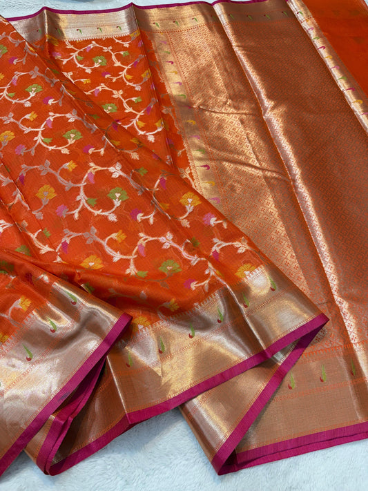 Orange Cotton Kota Paithani Border Premium Banarasi Saree