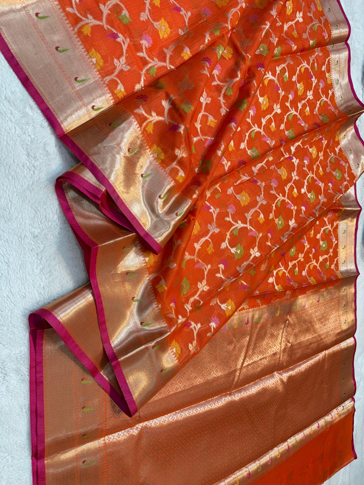 Orange Cotton Kota Paithani Border Premium Banarasi Saree