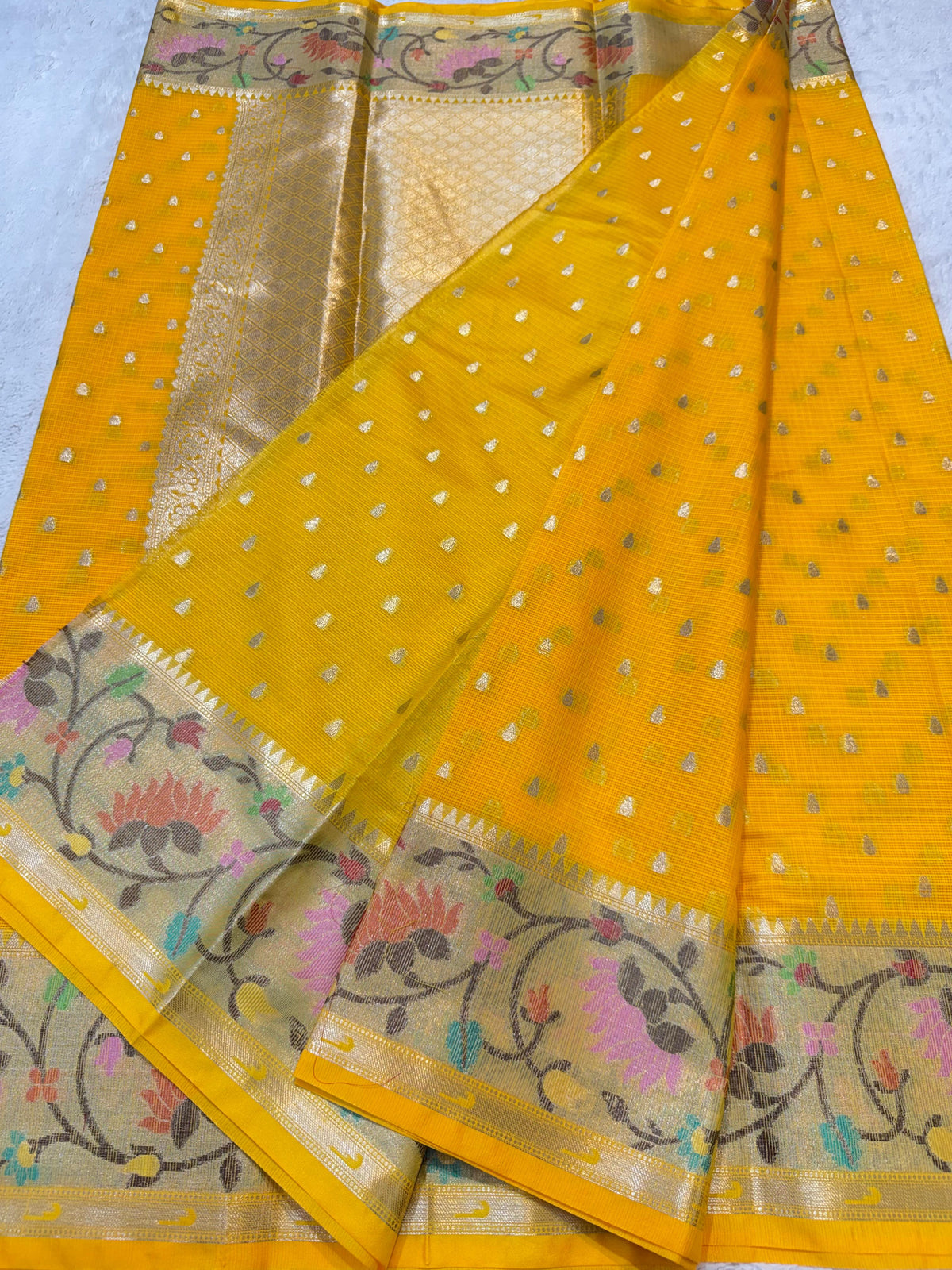 Gold Cotton Kota Paithani Border Premium Banarasi Saree