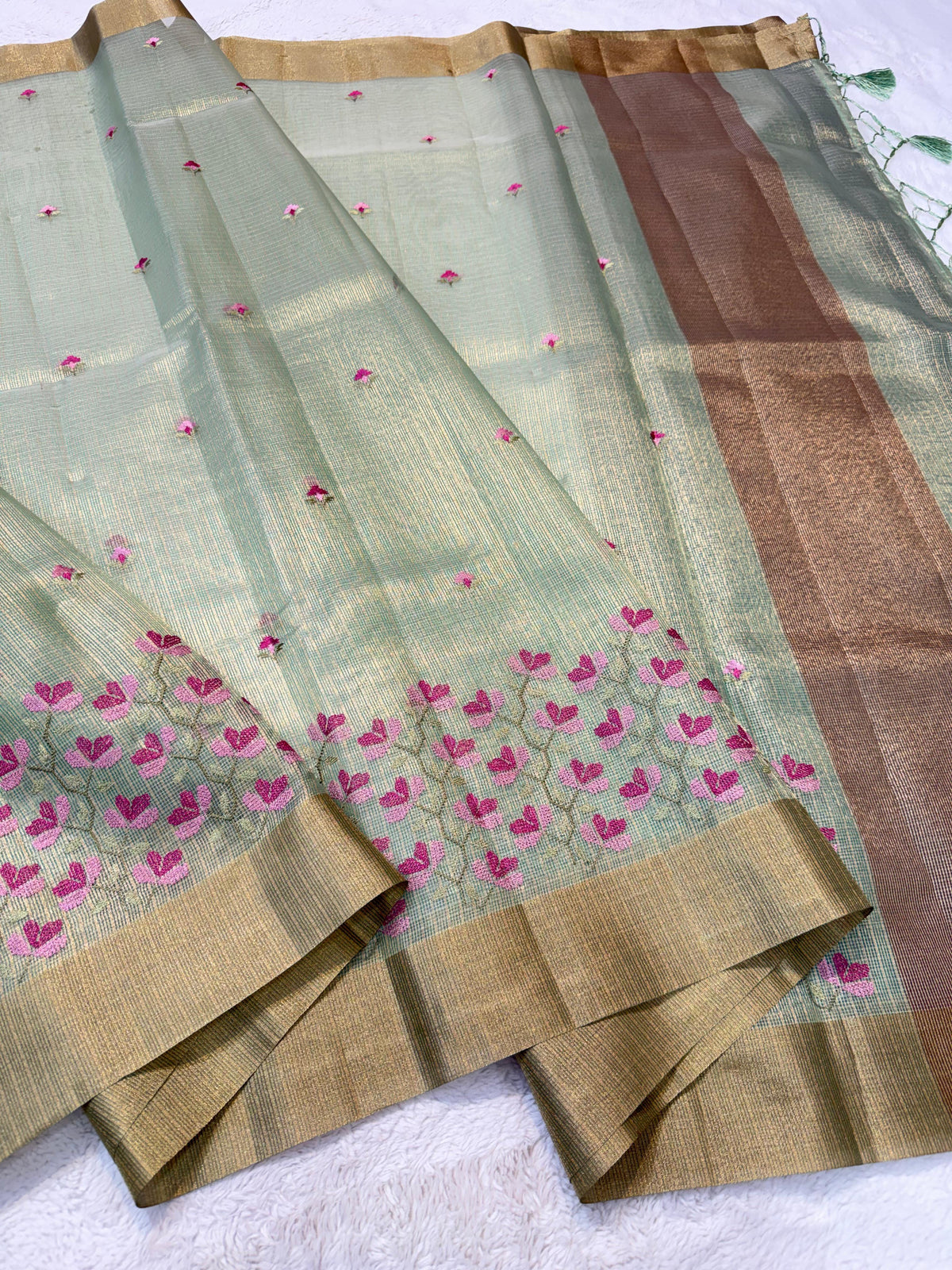 Pista Green Tissue Kota Designer Embroidery Premium Banarasi Saree