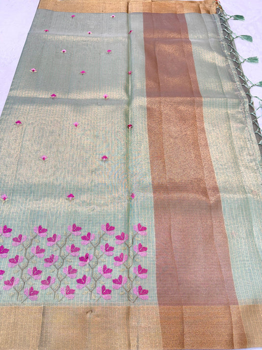 Pista Green Tissue Kota Designer Embroidery Premium Banarasi Saree