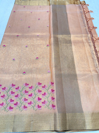 Peach Tissue Kota Designer Embroidery Premium Banarasi Saree