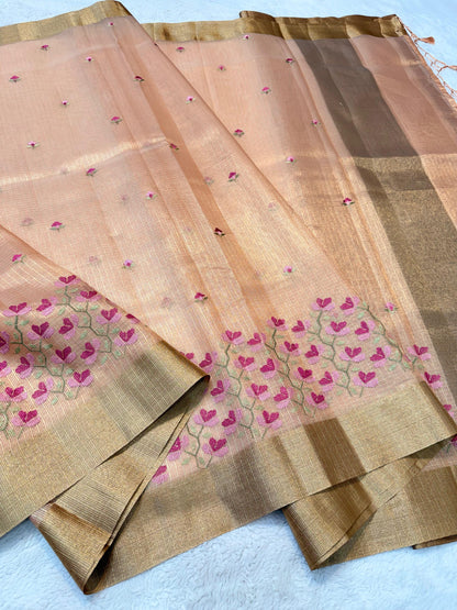 Peach Tissue Kota Designer Embroidery Premium Banarasi Saree