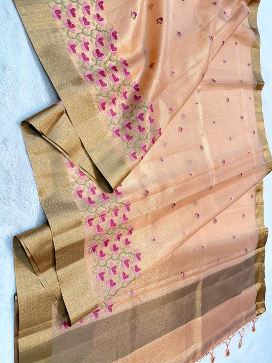 Peach Tissue Kota Designer Embroidery Premium Banarasi Saree