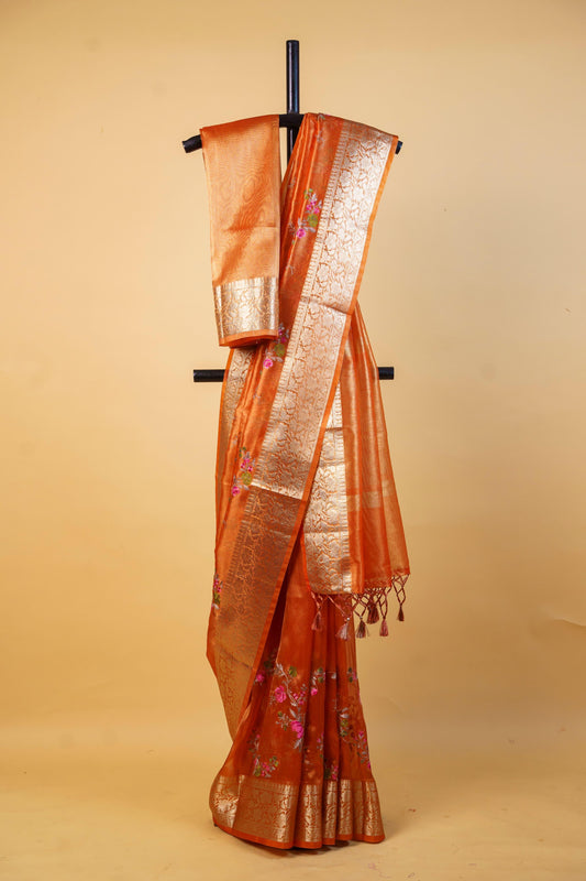 Mustard Tissue Designer Embroidery Premium Banarasi Saree