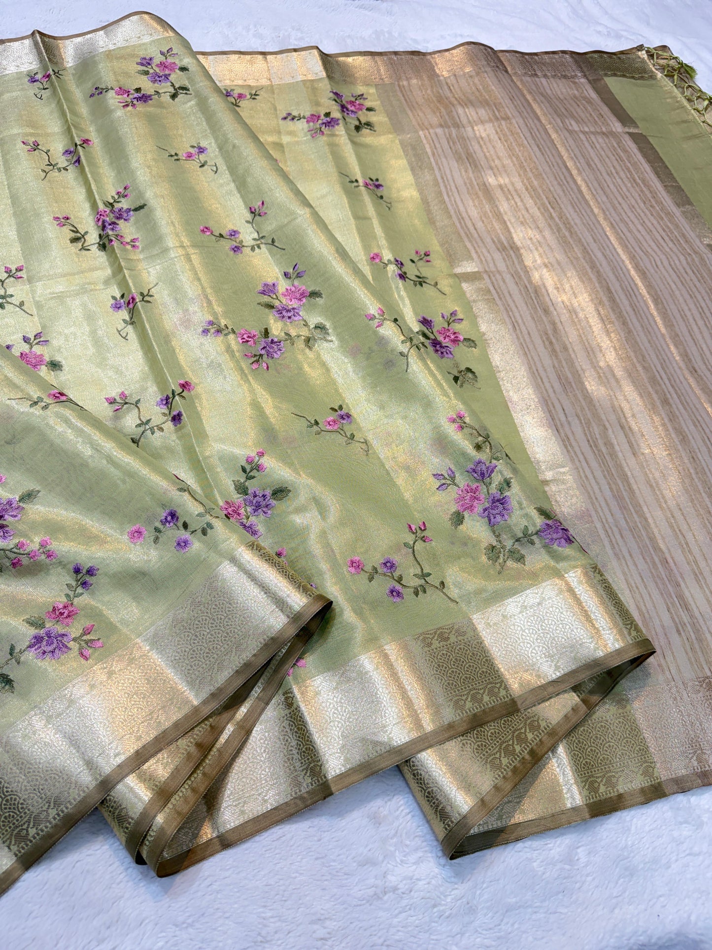 Green Tissue Designer Embroidery Premium Banarasi Saree