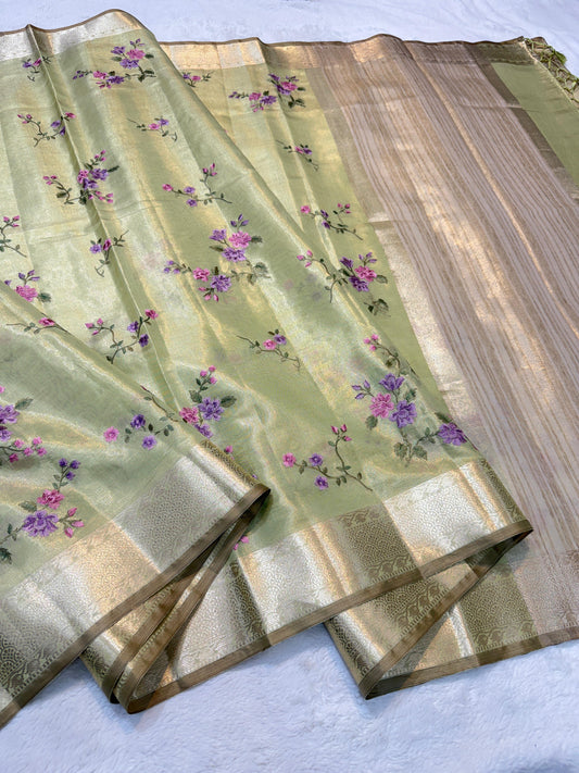 Green Tissue Designer Embroidery Premium Banarasi Saree