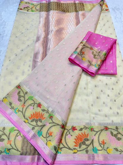 Off white Cotton Kota Paithani Border Premium Banarasi Saree