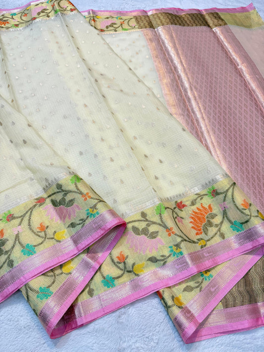 Off white Cotton Kota Paithani Border Premium Banarasi Saree