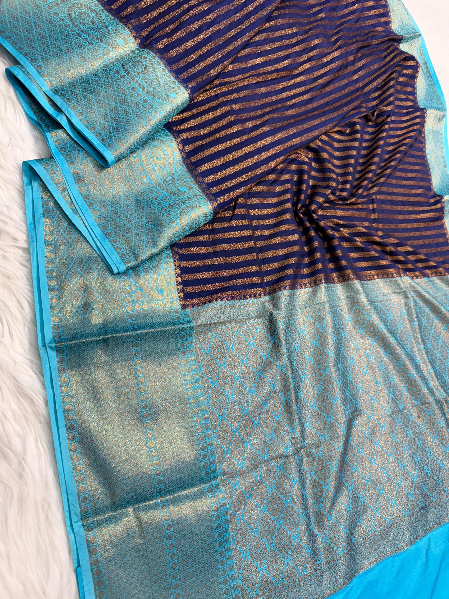 Blue And Firozi Dupion Silk Premium Banarasi Saree