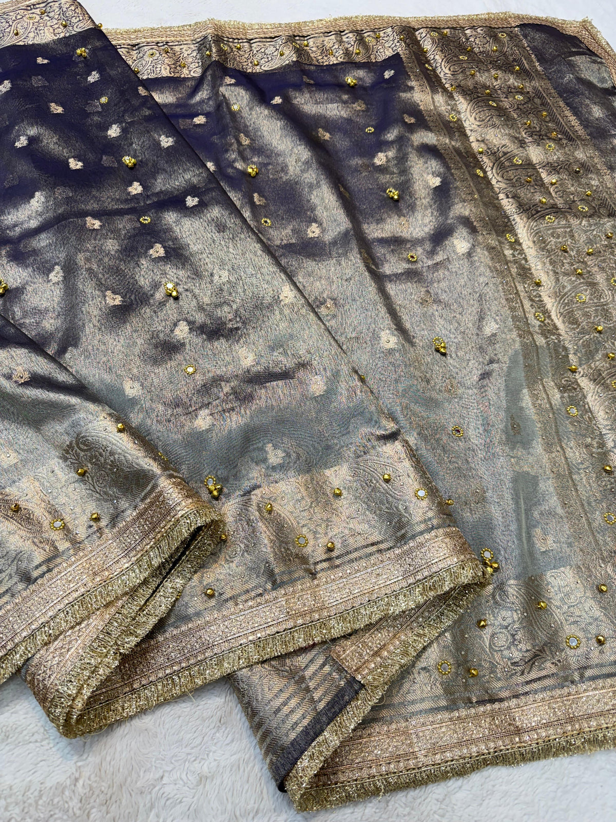 Tissue Ghungaroo Mirror Handwork With Lace Premium Banarasi Saree