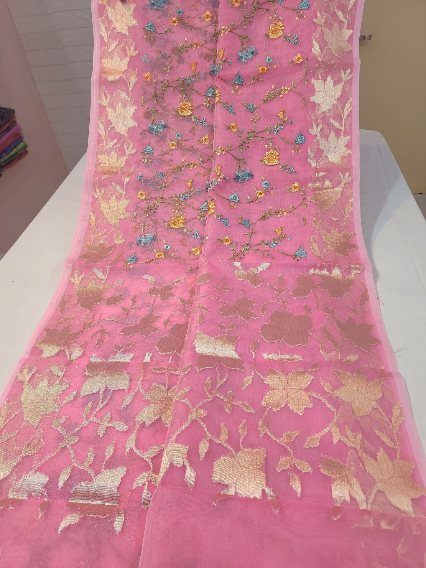 Banarasi kora organza embroidery pink saree