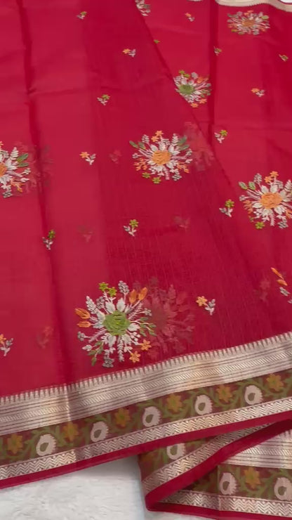Red Cotton Kota Designer Embroidery Premium Banarasi Saree