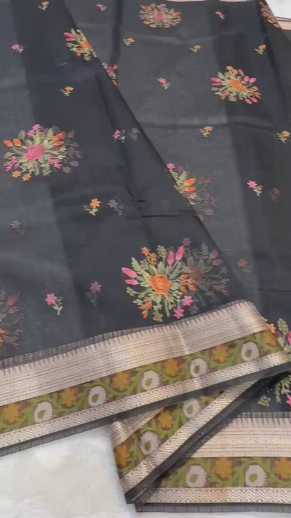 Black Cotton Kota Designer Embroidery Premium Banarasi Saree