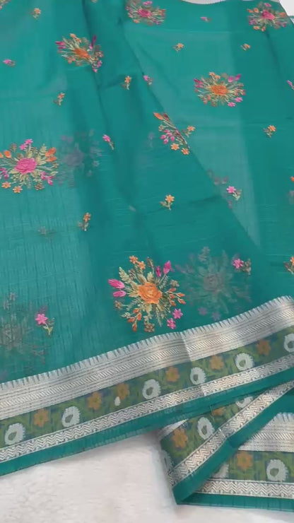 Deep Teal Cotton Kota Designer Embroidery Premium Banarasi Saree