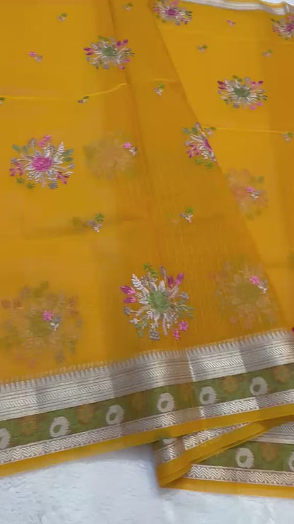 Gold Cotton Kota Designer Embroidery Premium Banarasi Saree