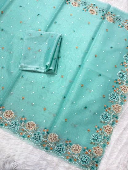 Banarasi kora organza cutwork embroidery saree