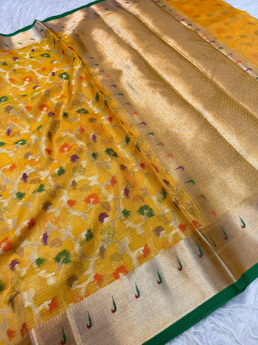 tissue kota allover  zari woven floral design meenakari banarasi saree